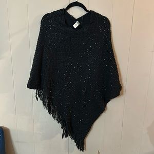 Black tassel sweater poncho with sequins
